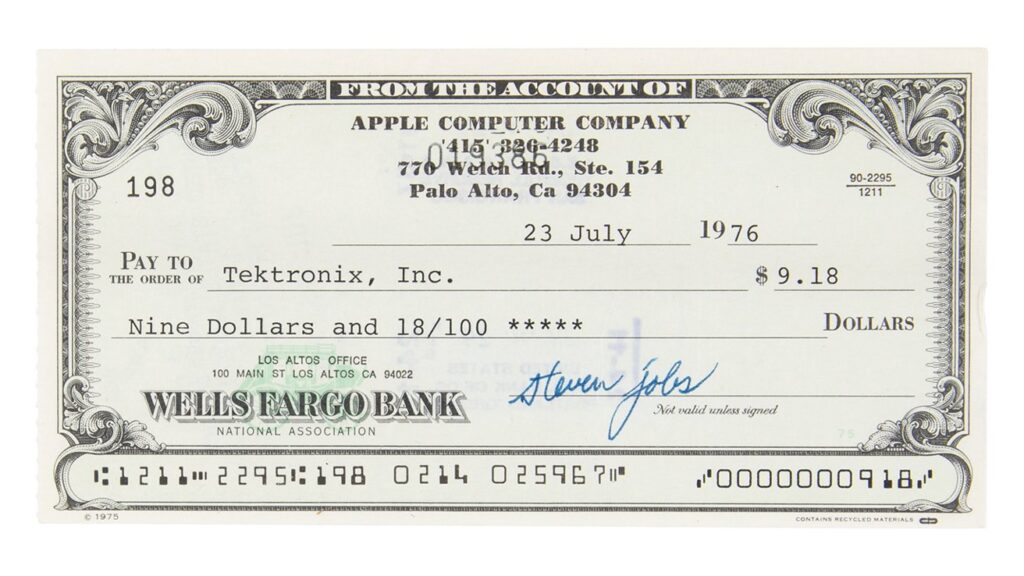 Vintage Apple check for $9.18 signed by Steve Jobs expect to fetch over $25,000